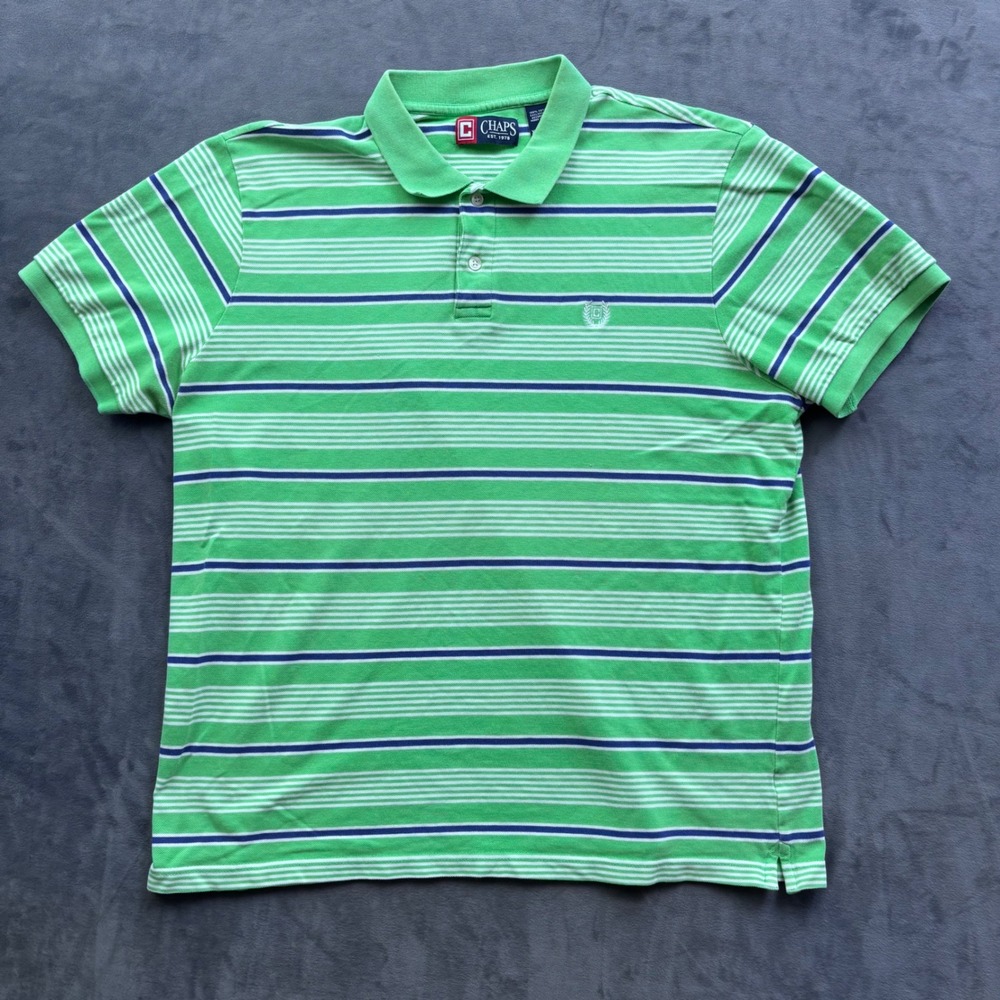 Chaps Mens XL Green Blue Striped Short Sleeve Cotton Pique Polo Shirt Logo